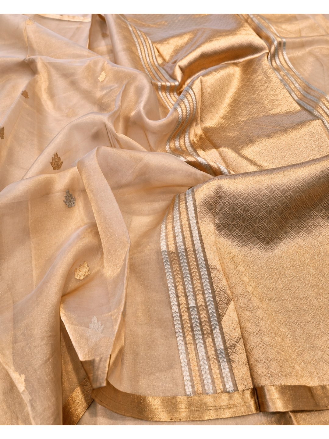 Gold Tissue Silk Banarasi saree front drape view