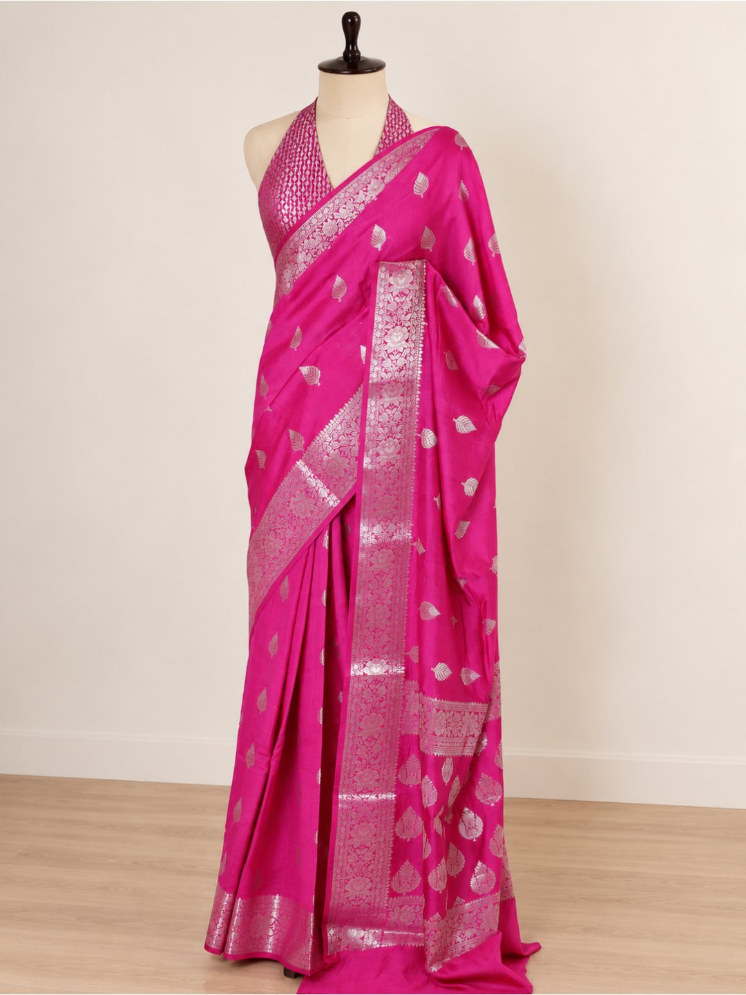 Rani pink with silver-toned detailing Chiniya Silk Banarasi saree texture detail