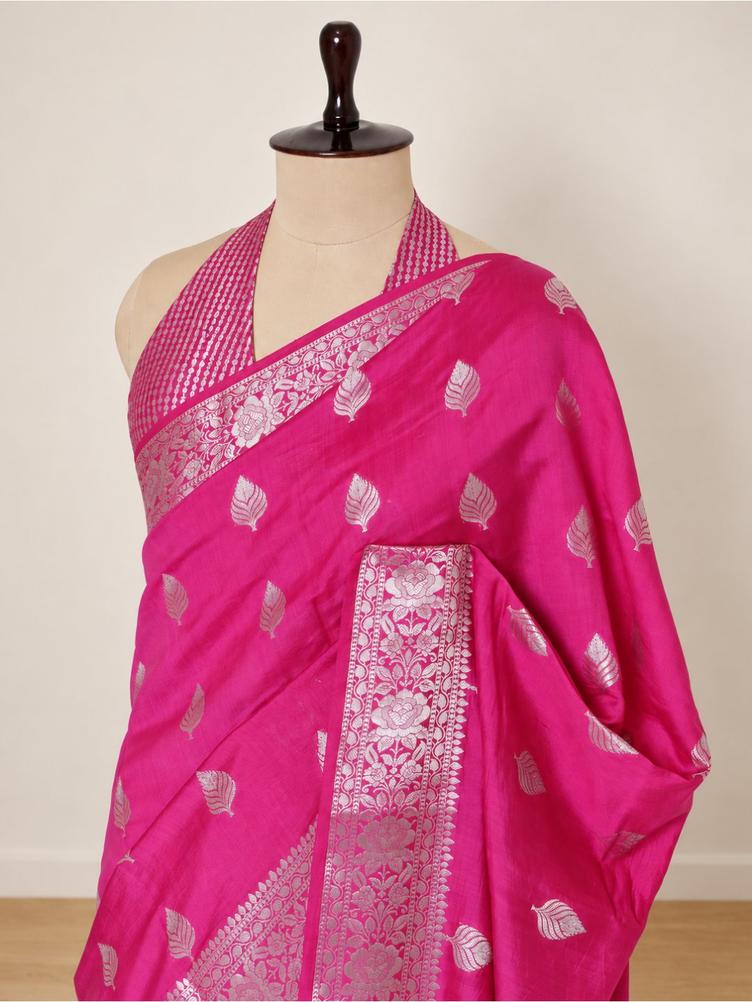 Rani pink with silver-toned detailing Chiniya Silk Banarasi saree blouse piece