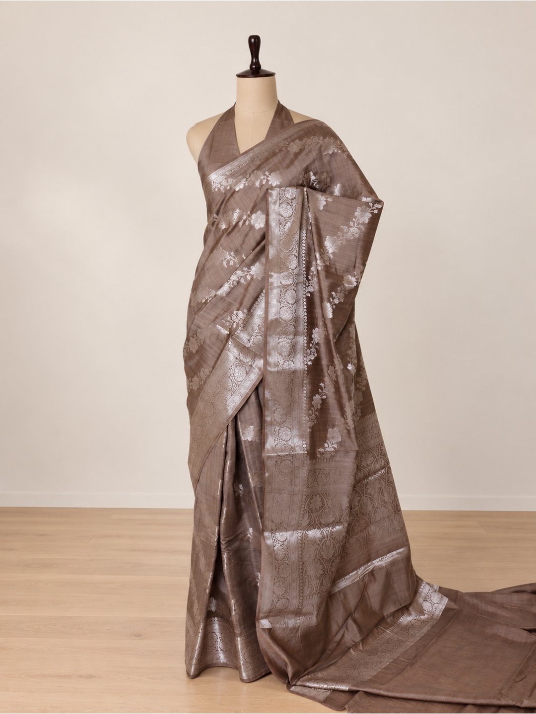 Taupe brown with silver-toned detailing Chiniya Silk Banarasi saree pallu detail