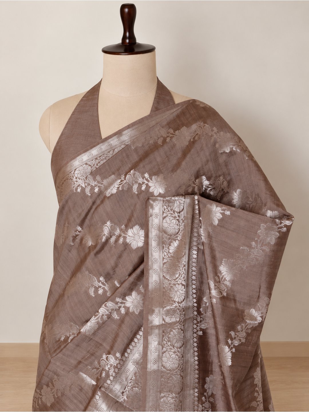 Taupe brown with silver-toned detailing Chiniya Silk Banarasi saree front drape view