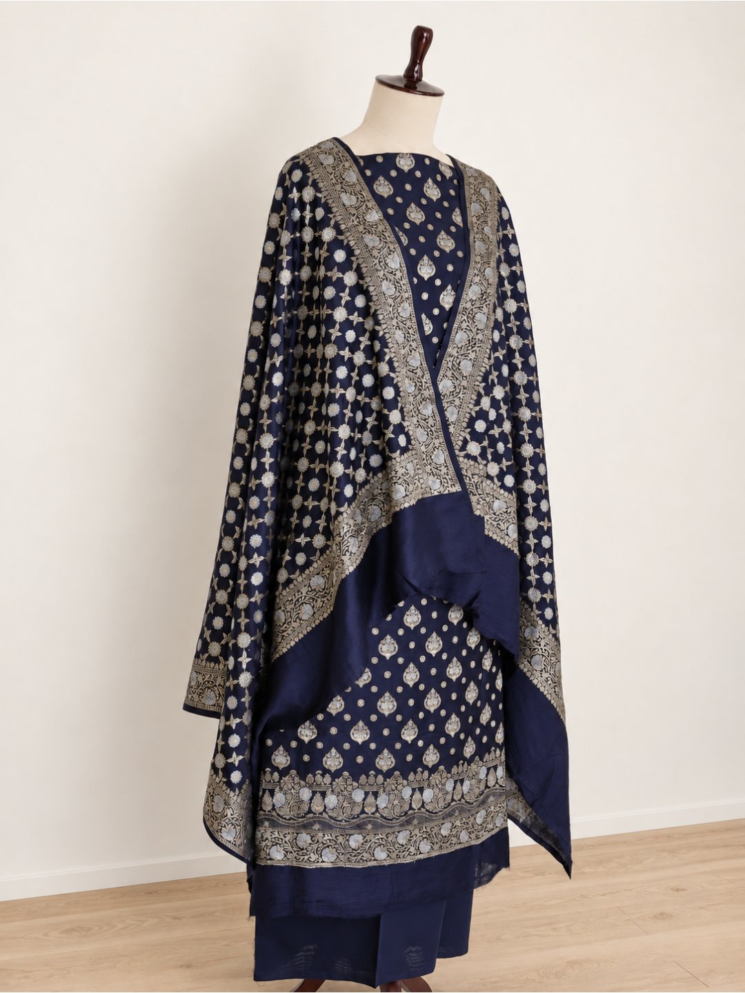 Black with gold-toned detailing and soft blue floral accents Cotton Banarasi suit dupatta detail