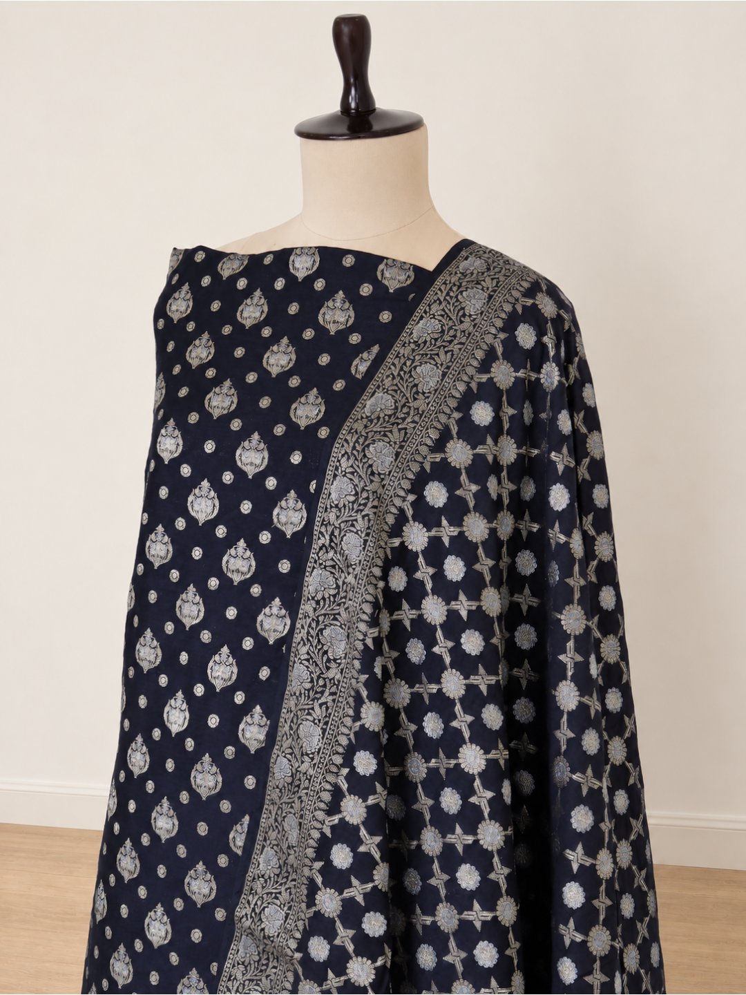 Black with gold-toned detailing and soft blue floral accents Cotton Banarasi suit sleeve detail