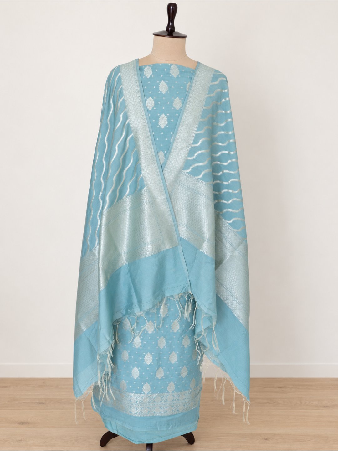 Soft powder blue with silver-toned detailing Cotton Banarasi suit front drape view