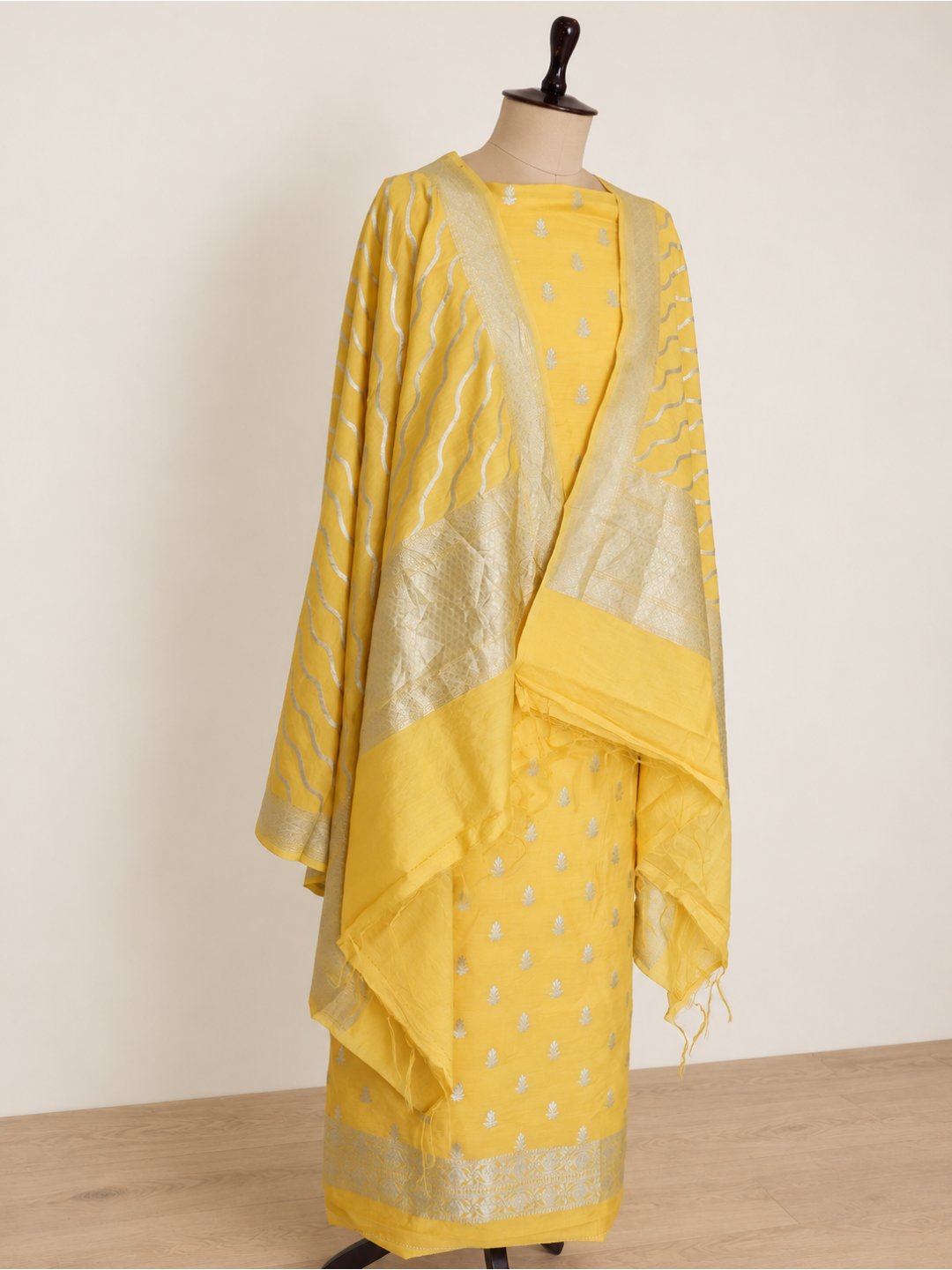 Bright yellow with silver-toned detailing Cotton Banarasi suit bottom detail