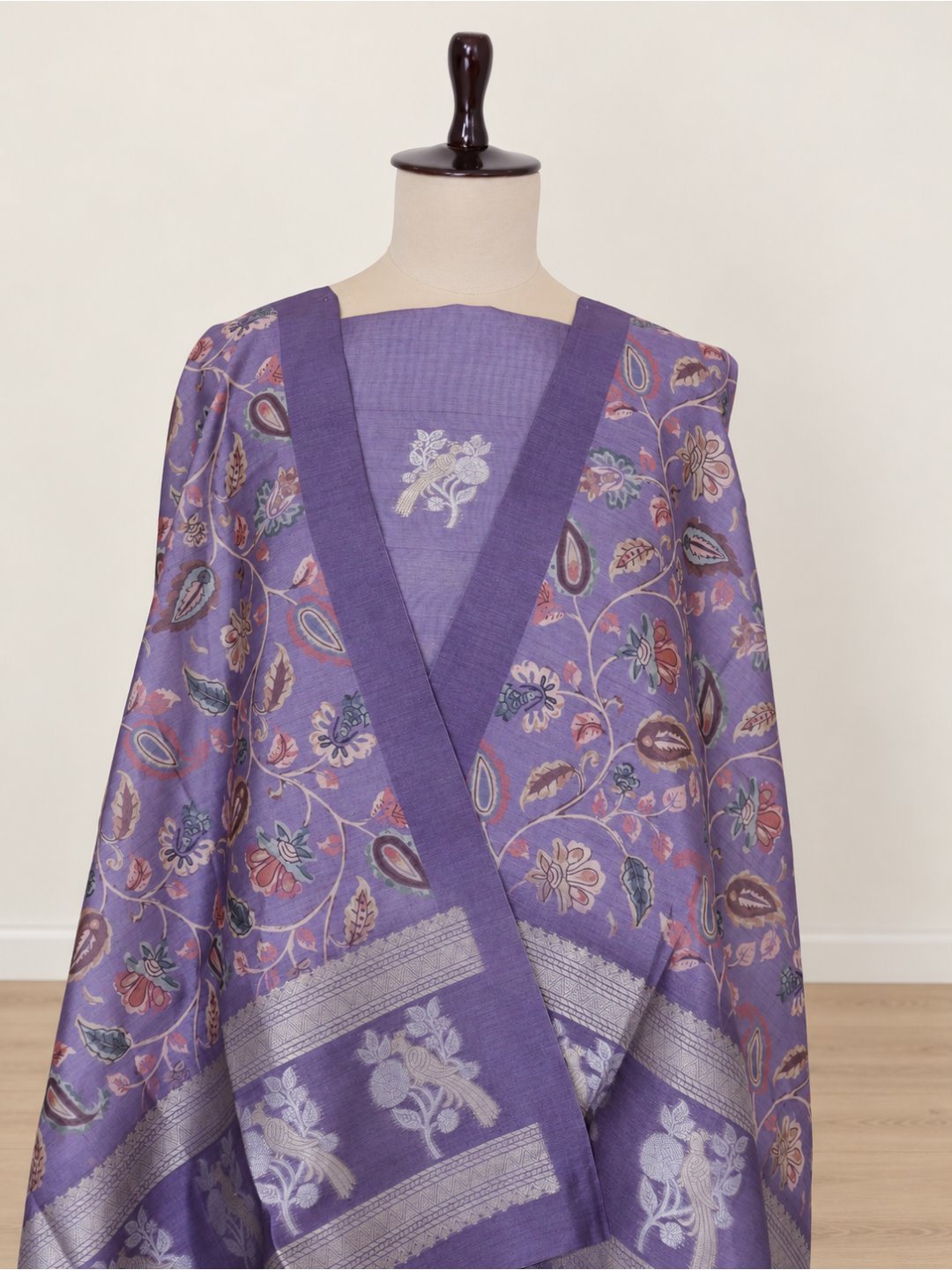 Soft lavender purple with silver-toned motifs Cotton Banarasi suit front drape view