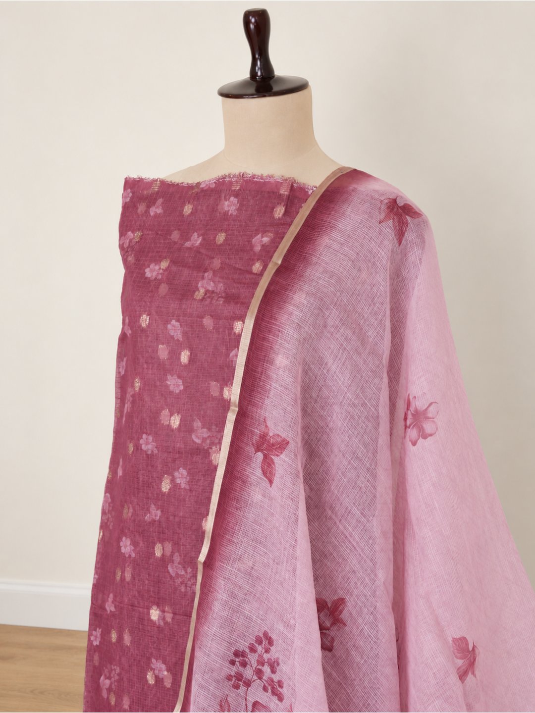 Dusty rose pink with a lighter pink dupatta Cotton Banarasi suit neckline detail