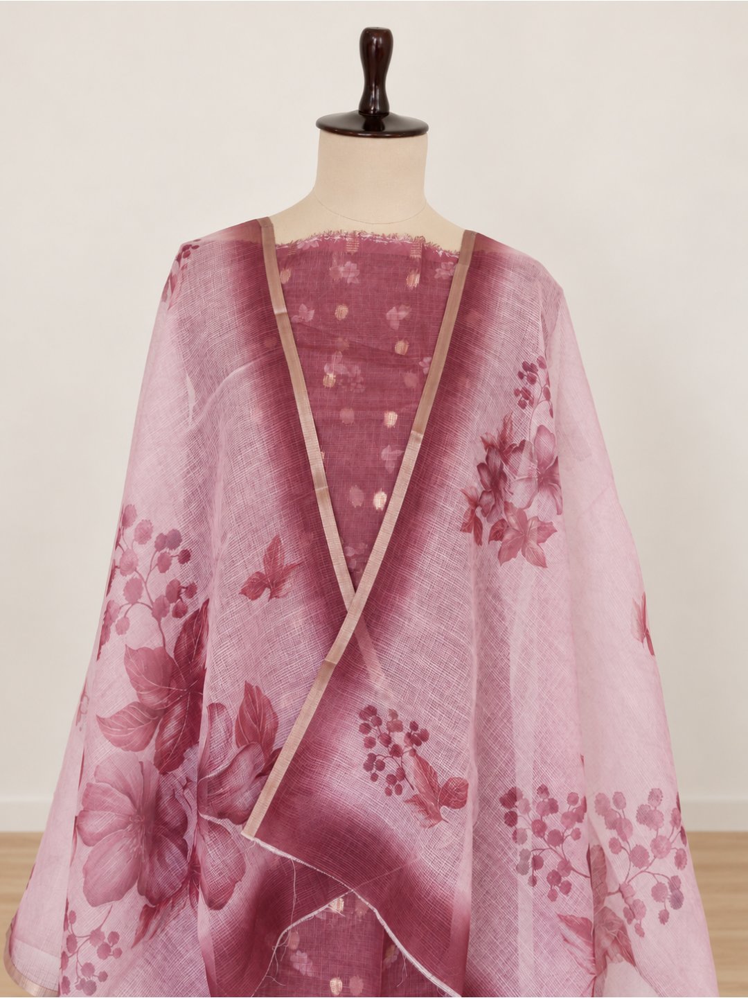 Dusty rose pink with a lighter pink dupatta Cotton Banarasi suit front drape view
