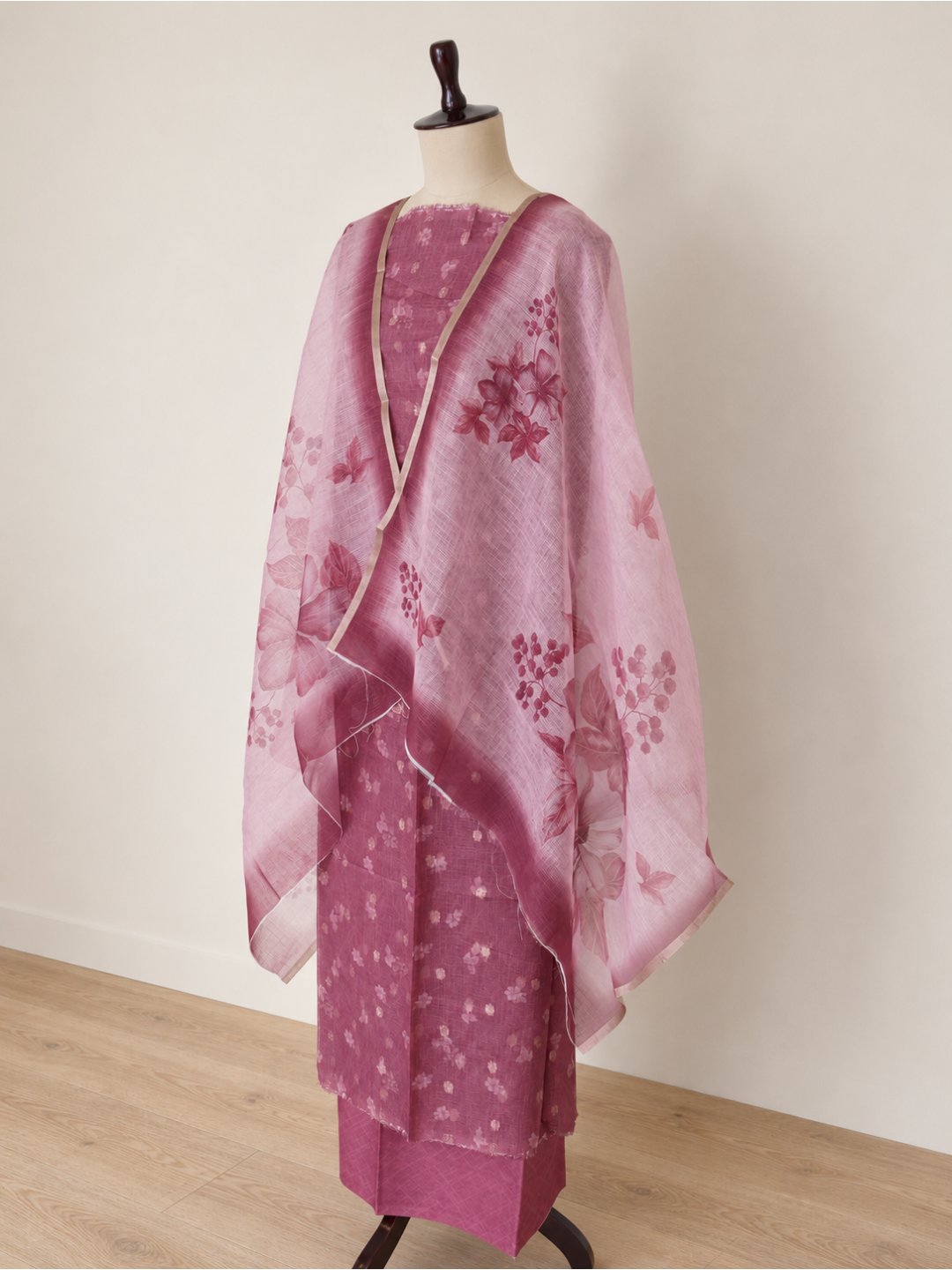 Dusty rose pink with a lighter pink dupatta Cotton Banarasi suit bottom detail