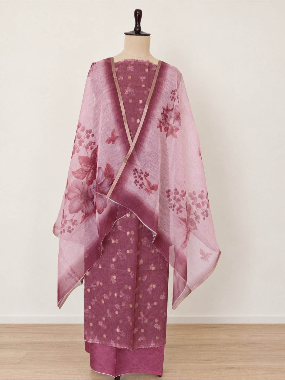 Dusty rose pink with a lighter pink dupatta Cotton Banarasi suit dupatta detail