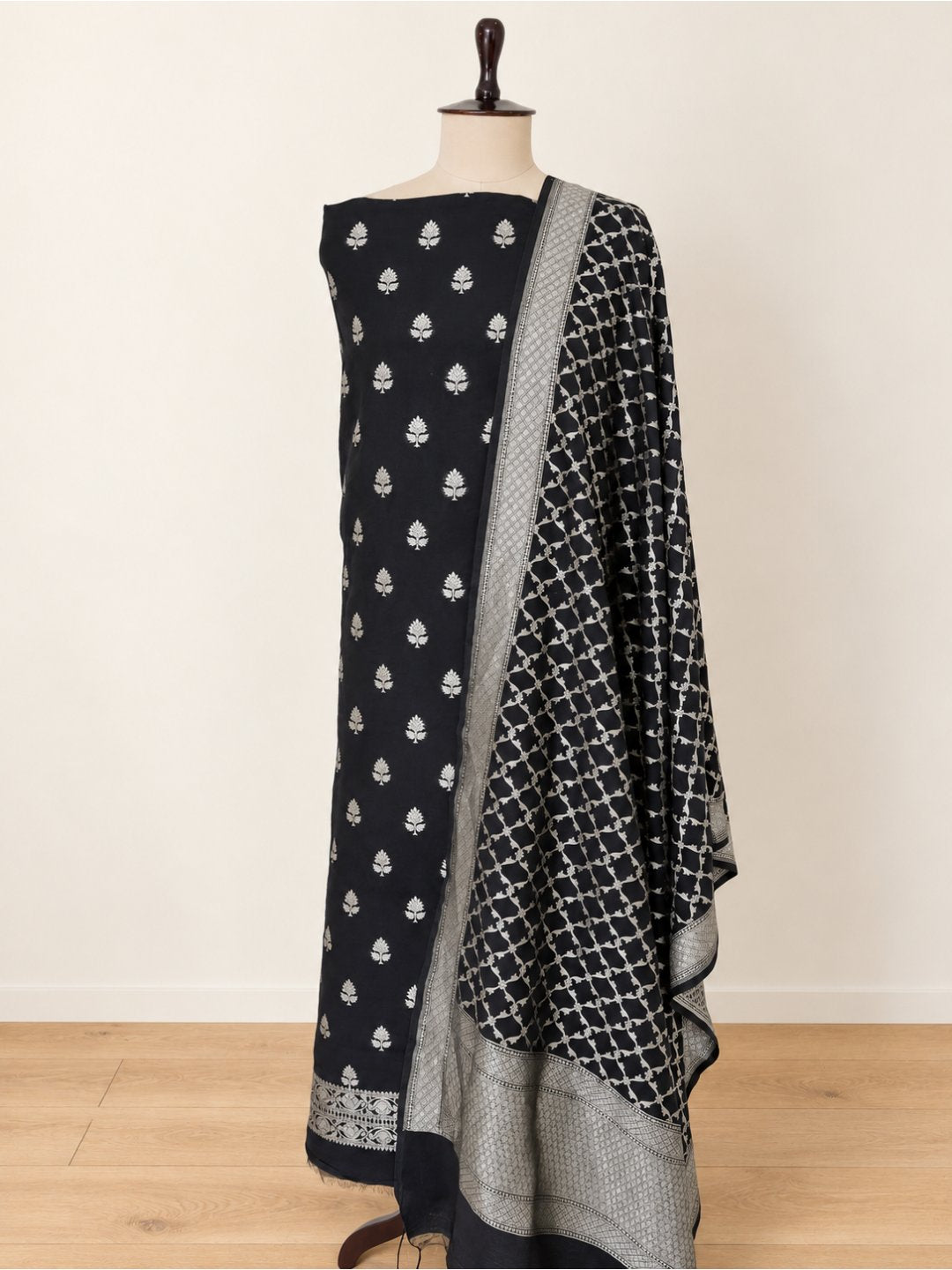 Black with silver-toned detailing Cotton Banarasi suit front drape view