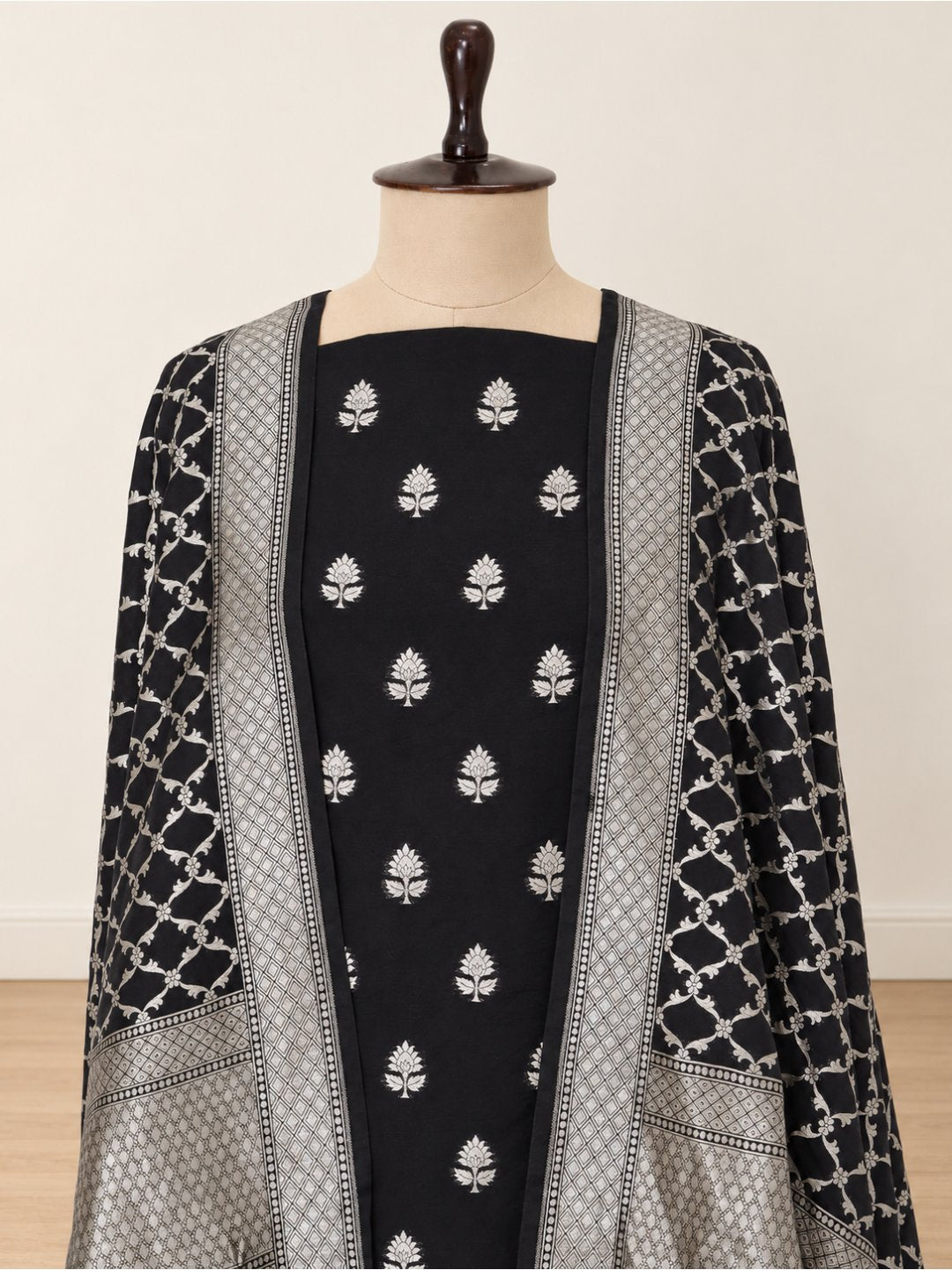 Black with silver-toned detailing Cotton Banarasi suit front drape view