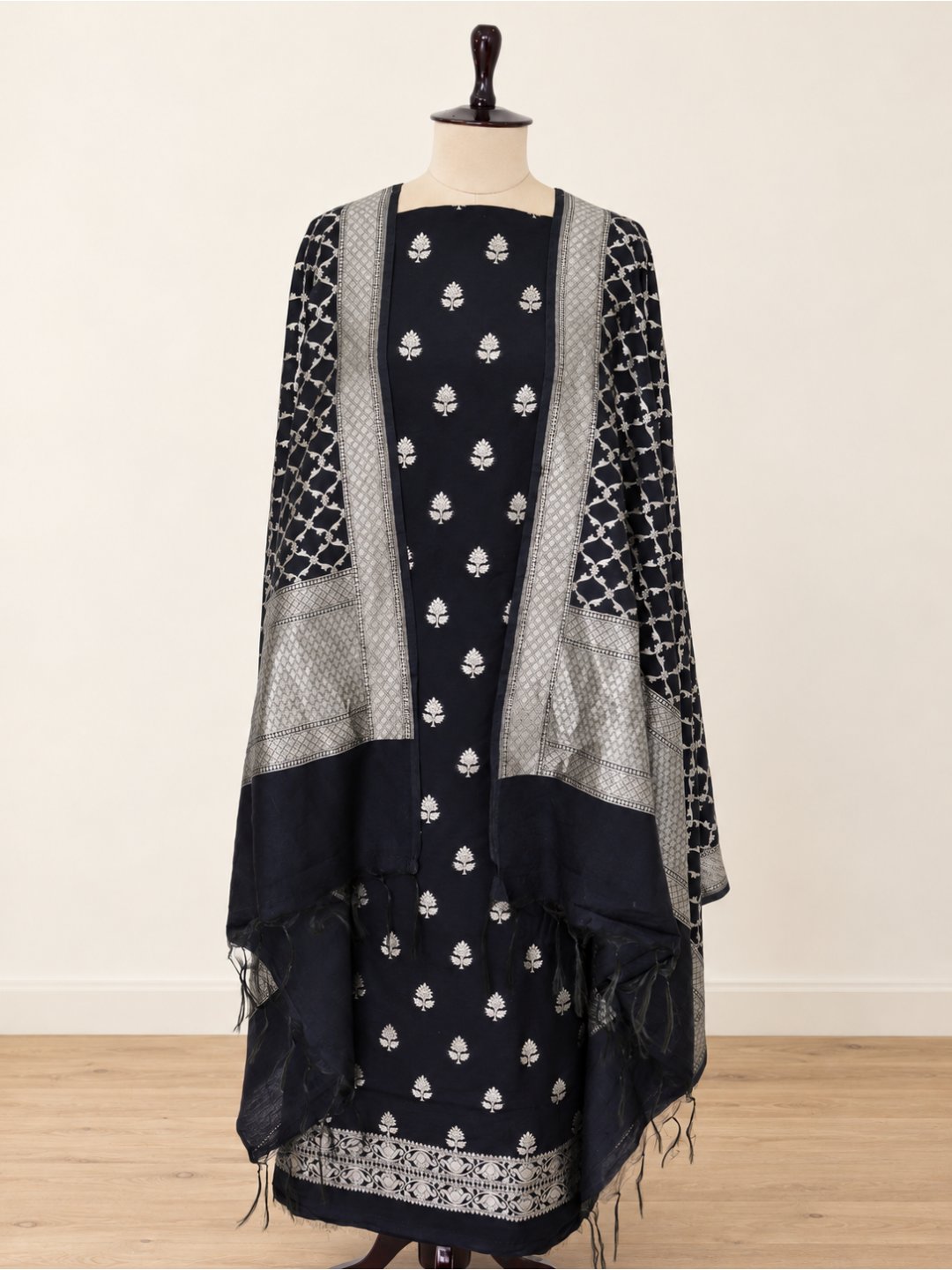 Black with silver-toned detailing Cotton Banarasi suit front drape view