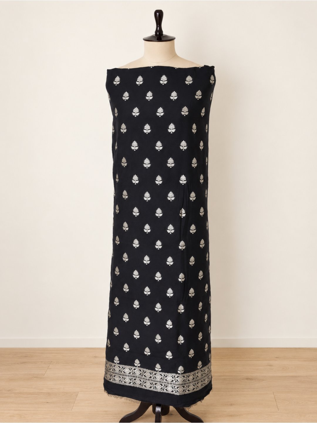 Black with silver-toned detailing Cotton Banarasi suit front drape view