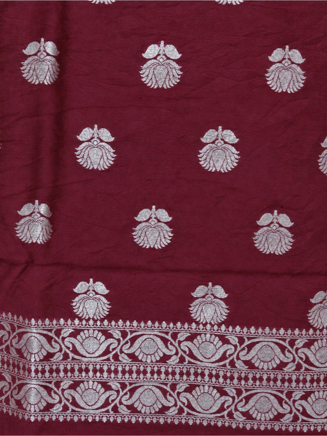 Deep maroon with silver-toned detailing Cotton Banarasi suit neckline detail