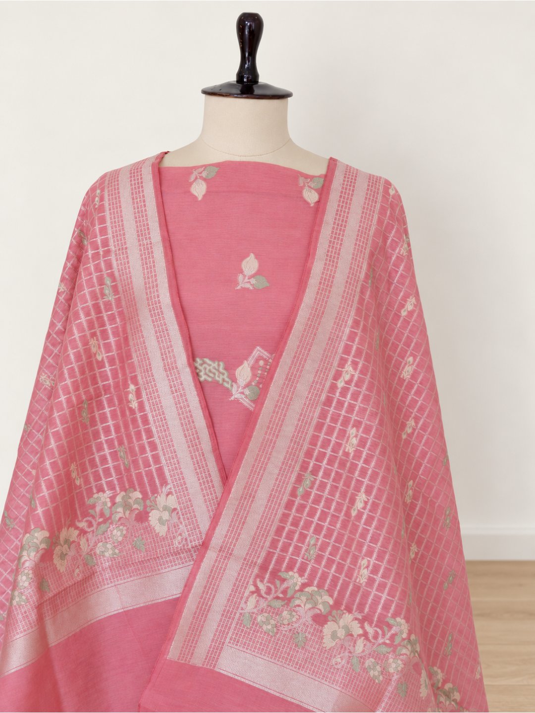 Soft rose pink with cream-toned detailing and muted green accents Cotton Banarasi suit sleeve detail