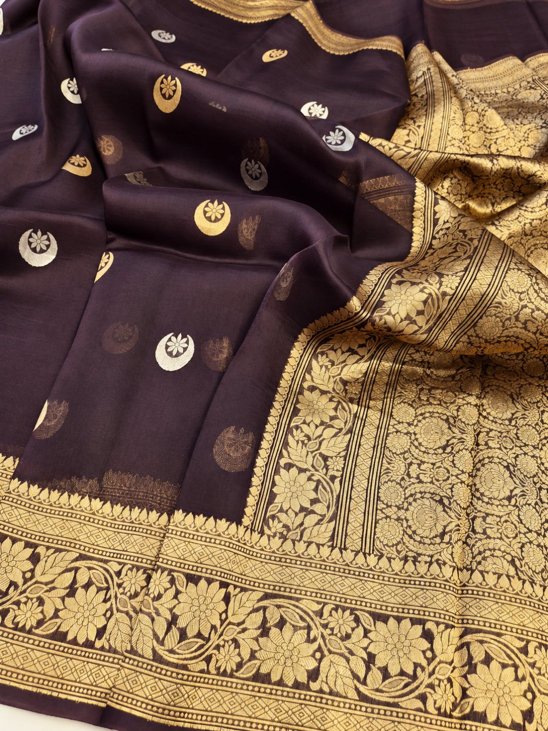 Coffee Kora Silk Banarasi saree front drape view