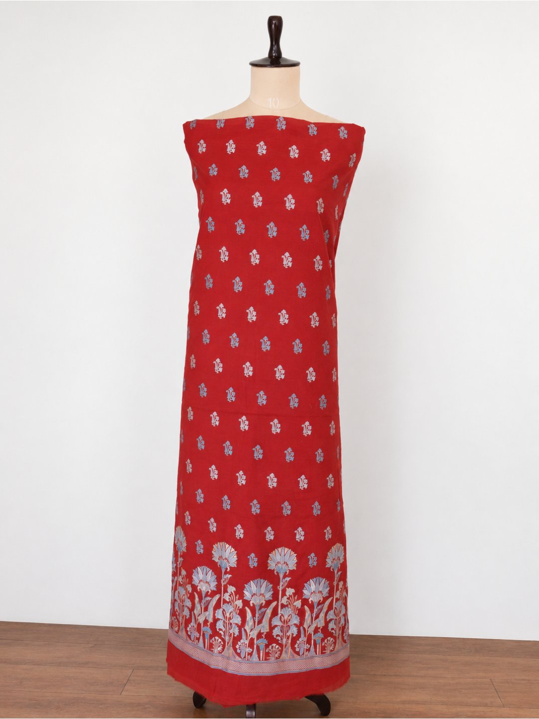 Red Cotton Banarasi suit neckline detail