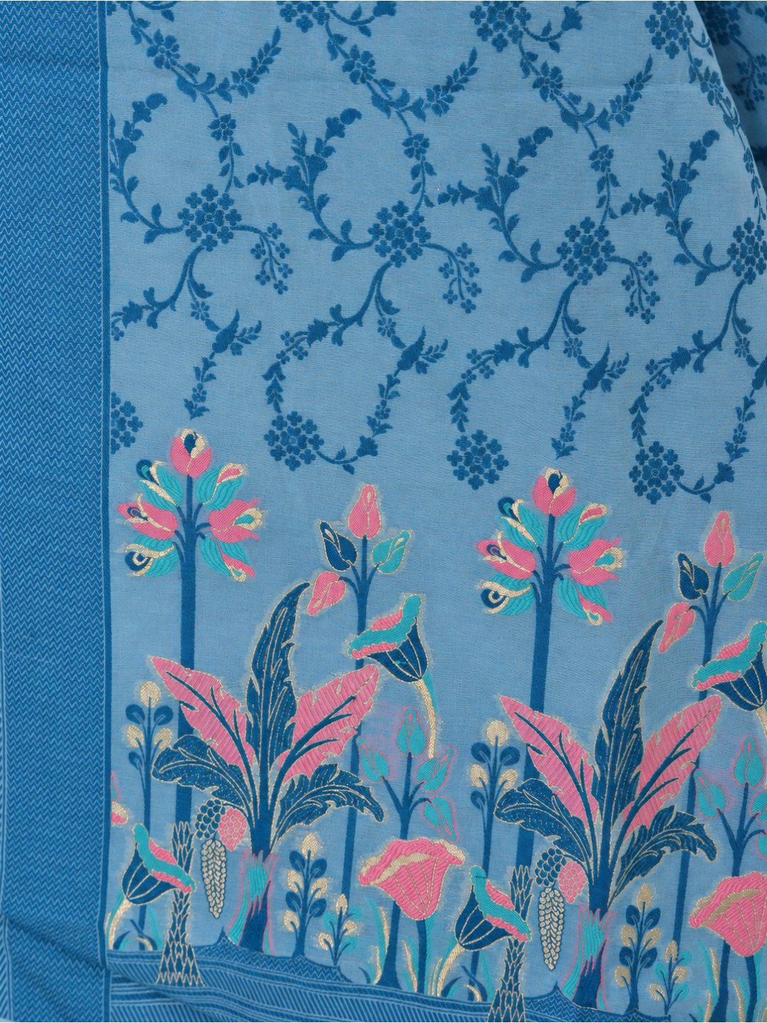 Sky Blue Cotton Banarasi suit front drape view