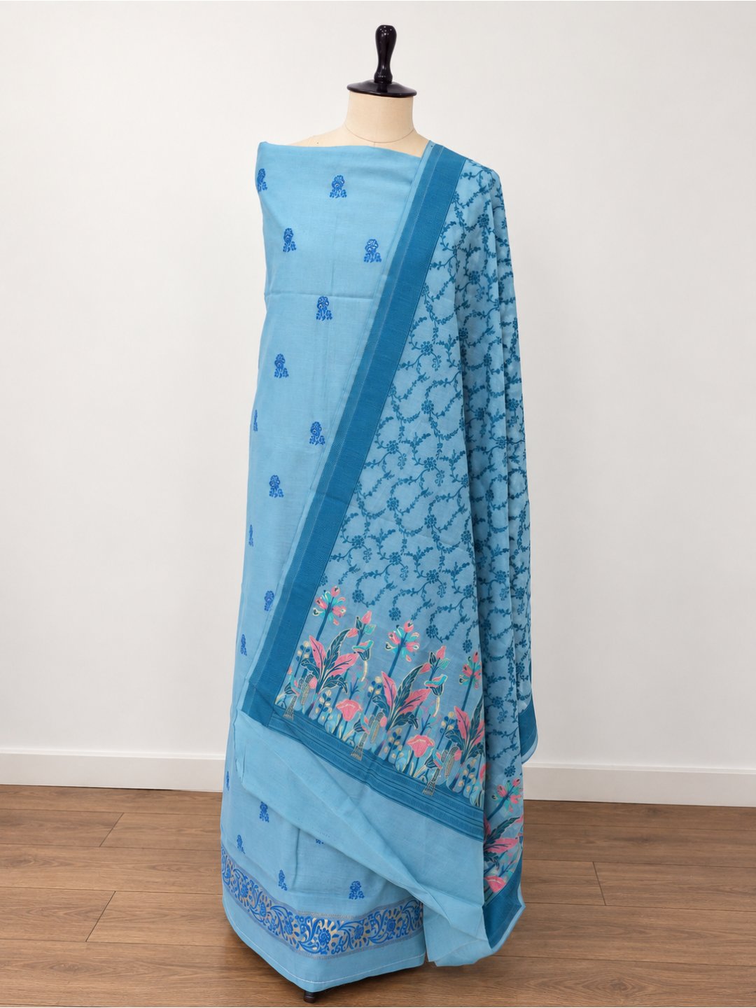 Sky Blue Cotton Banarasi suit front drape view