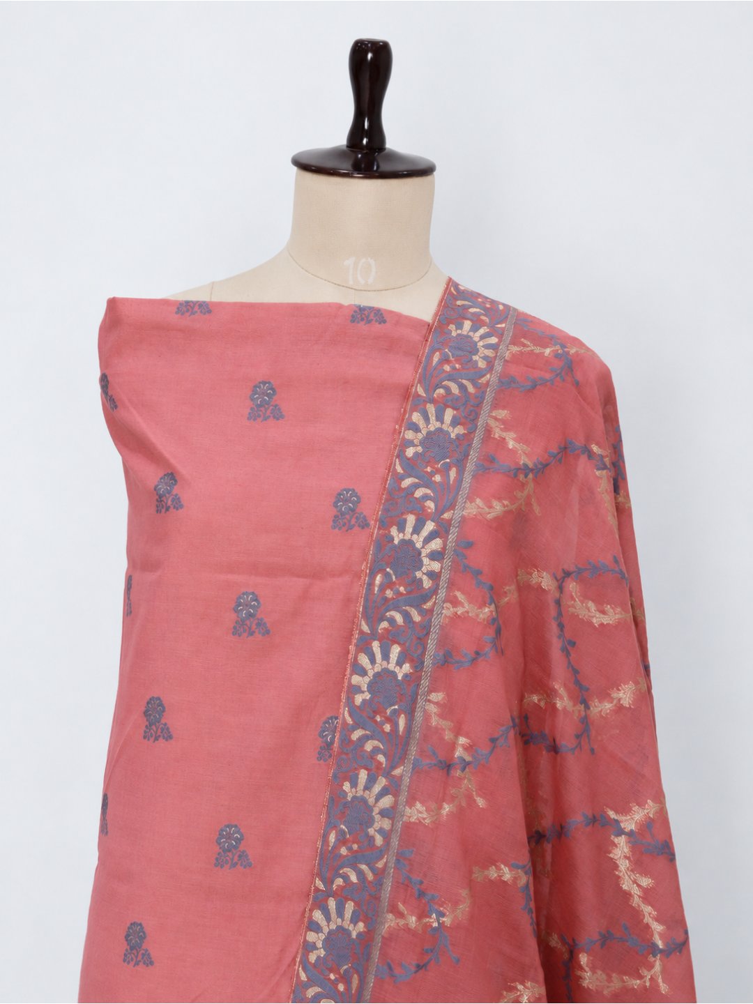 Soft Rose Pink Cotton Banarasi suit front drape view
