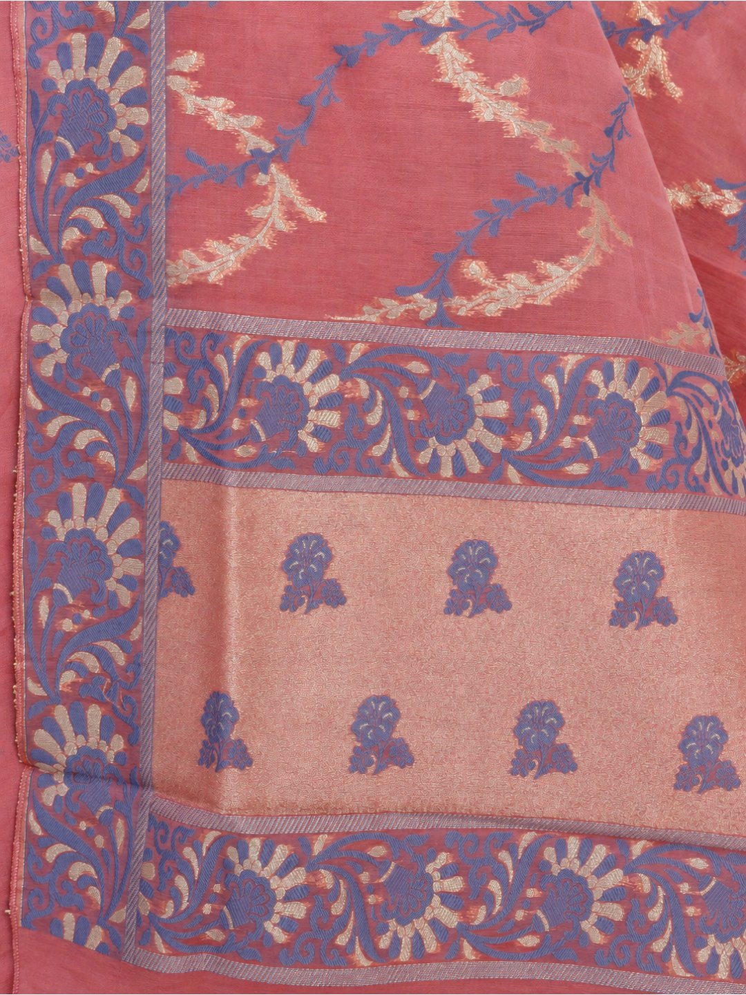 Soft Rose Pink Cotton Banarasi suit front drape view