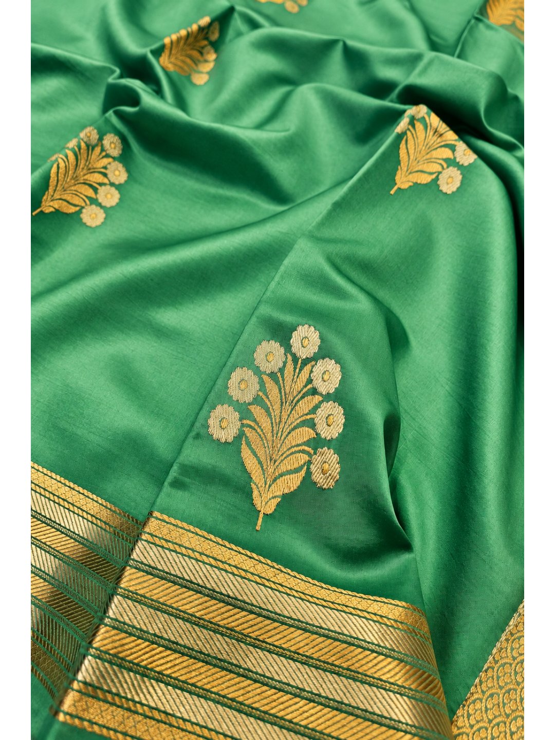 Sea Green Katan Silk Banarasi saree front drape view