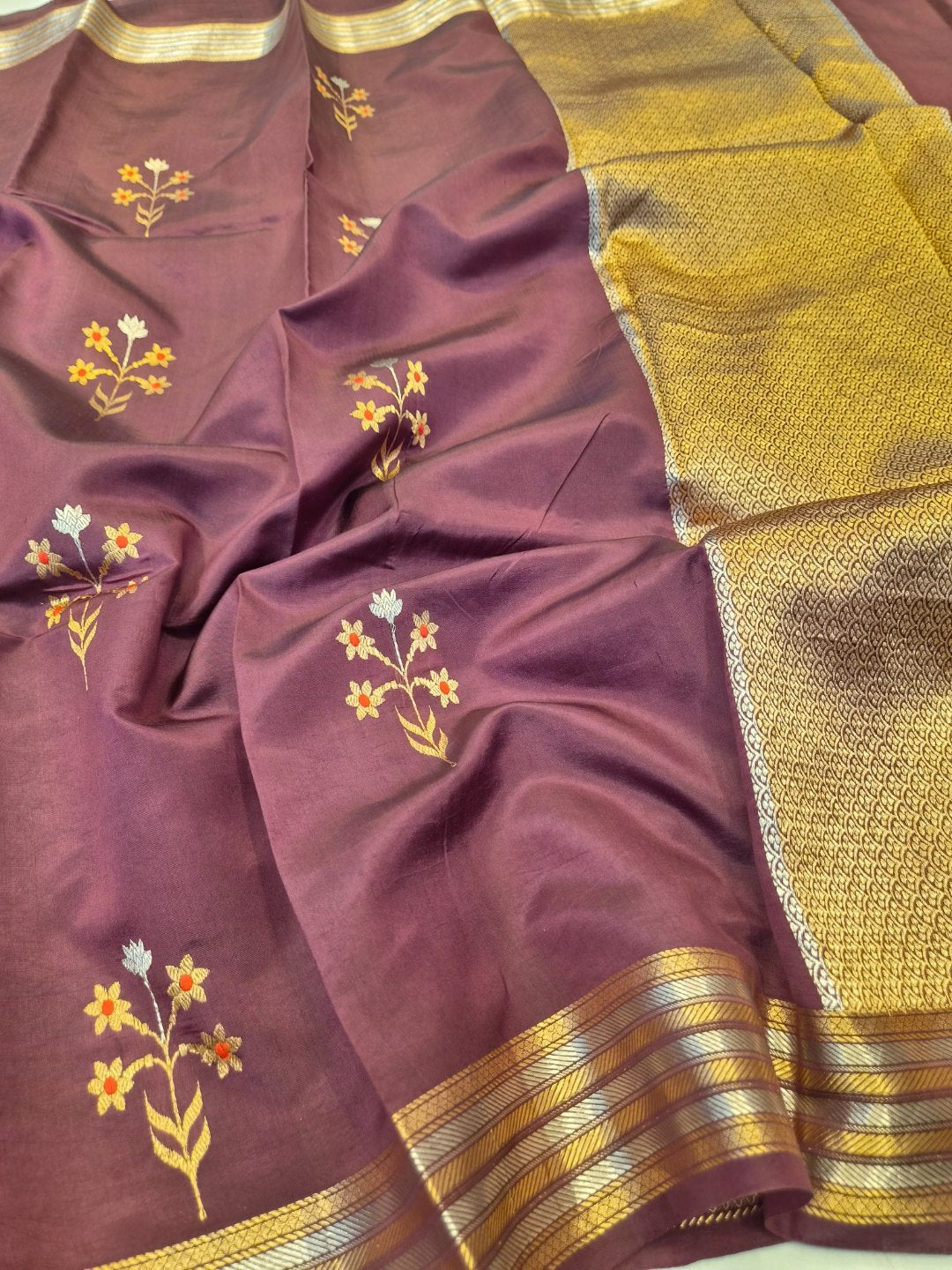 Deep Maroon Katan Silk Banarasi saree front drape view