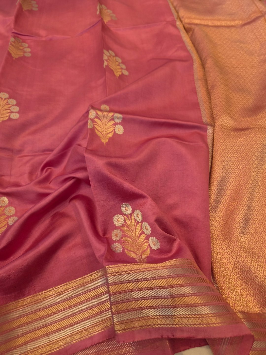 Soft Rose Pink Katan Silk Banarasi saree front drape view