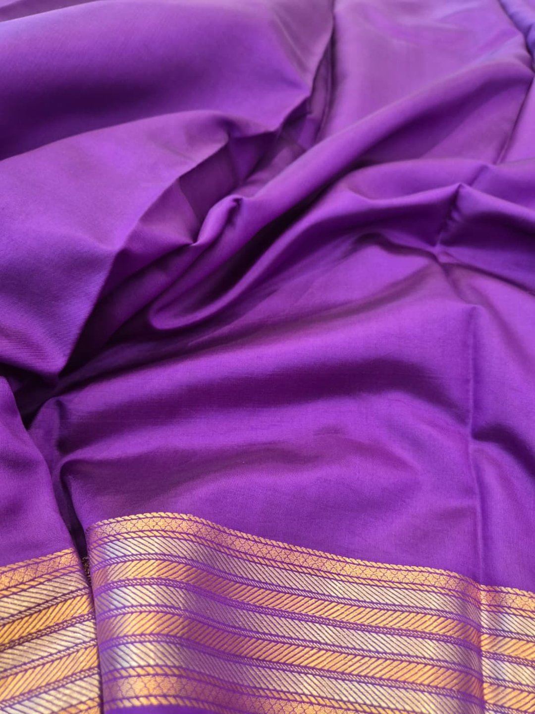 Violet Katan Silk Banarasi saree front drape view