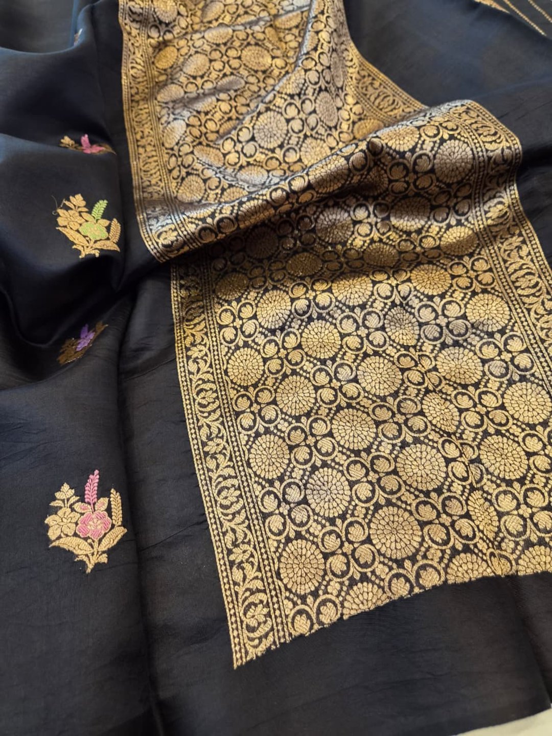 Back Katan Silk Banarasi saree front drape view