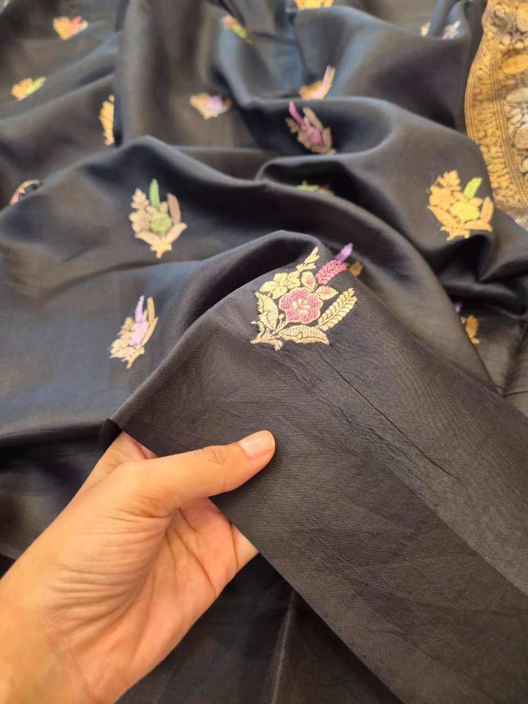 Back Katan Silk Banarasi saree front drape view
