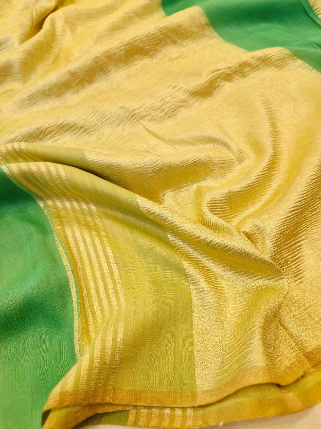 Shades of Green Moonga Silk Banarasi saree border closeup