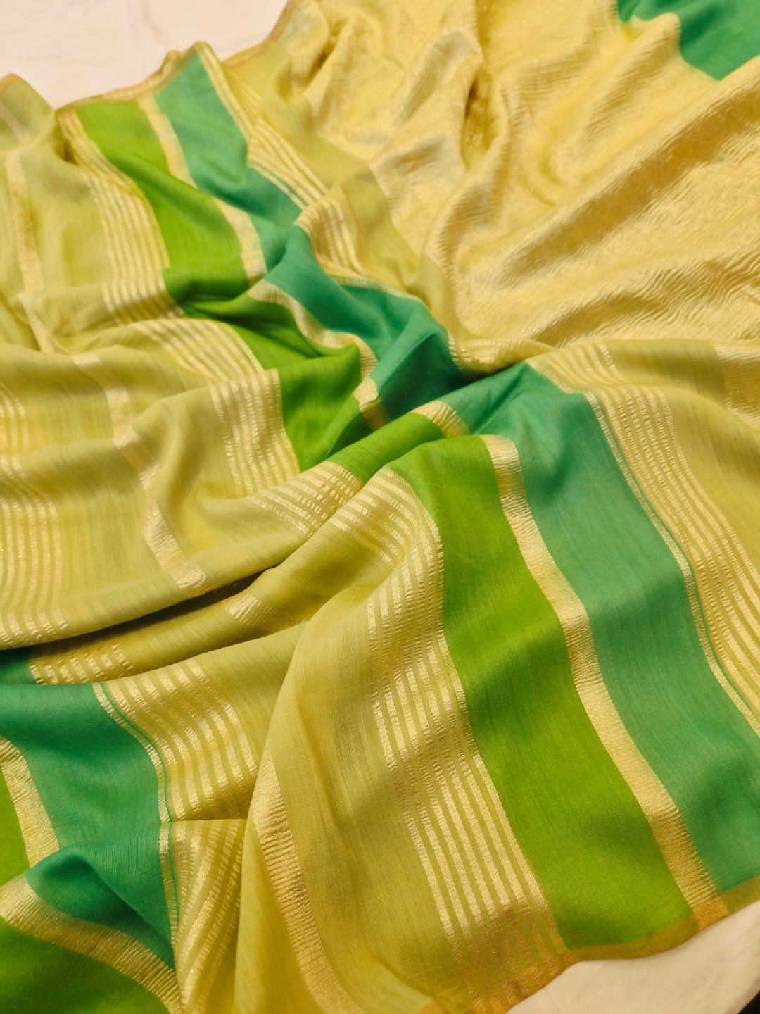 Shades of Green Moonga Silk Banarasi saree full spread