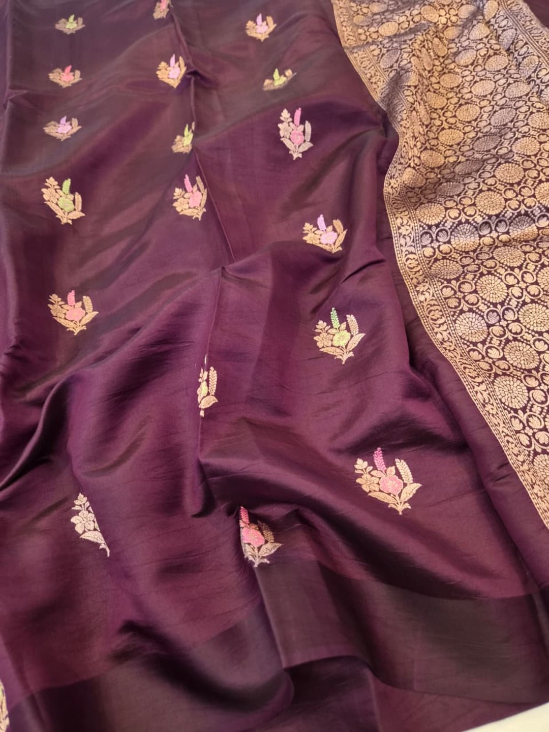 Deep Maroon Katan Silk Banarasi saree front drape view