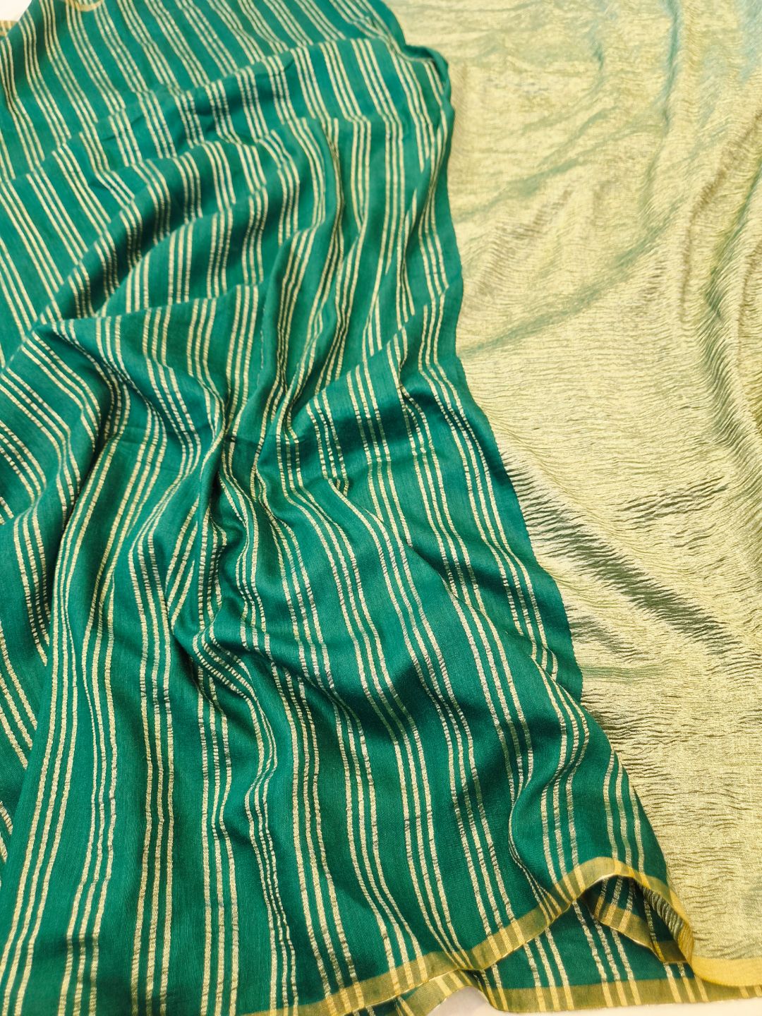Bottle Green Moonga Silk Banarasi saree front drape view