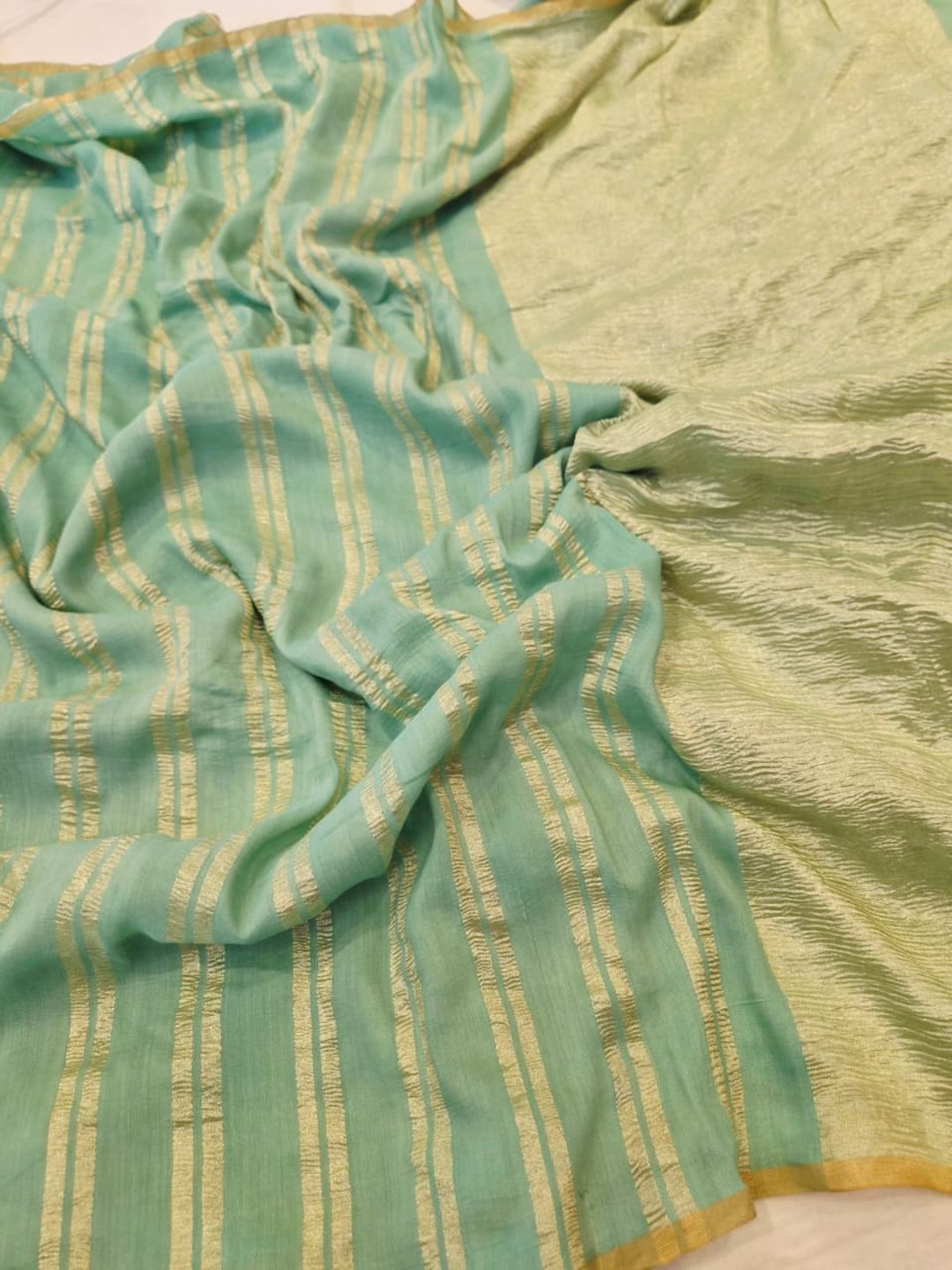 Sea green Moonga Silk Banarasi saree front drape view