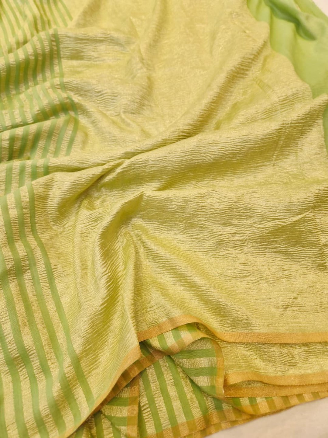 Pista green Moonga Silk Banarasi saree front drape view