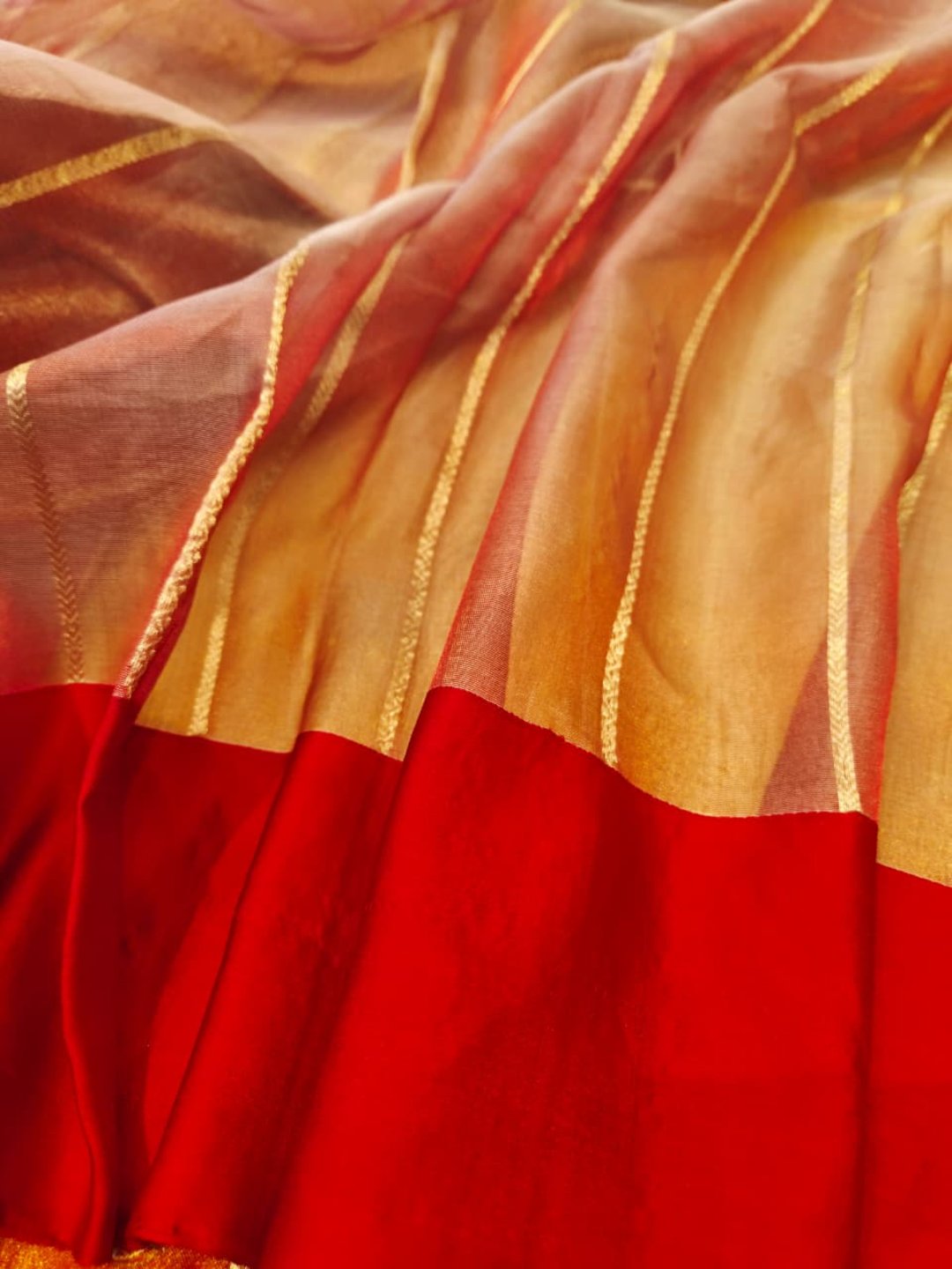 Golden with Red Tissue Silk Banarasi saree full spread