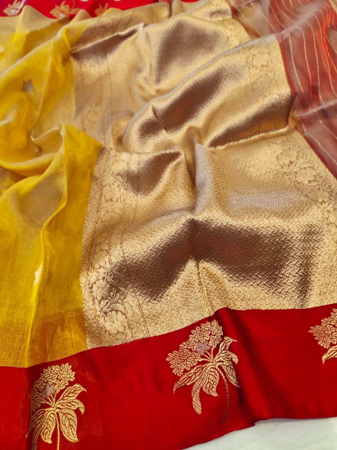 Golden with Red Tissue Silk Banarasi saree pallu detail