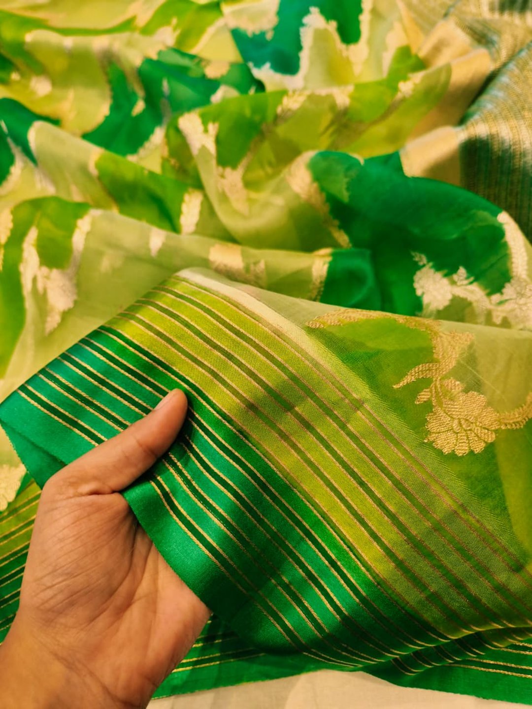 Light Green Katan Silk Banarasi saree border closeup