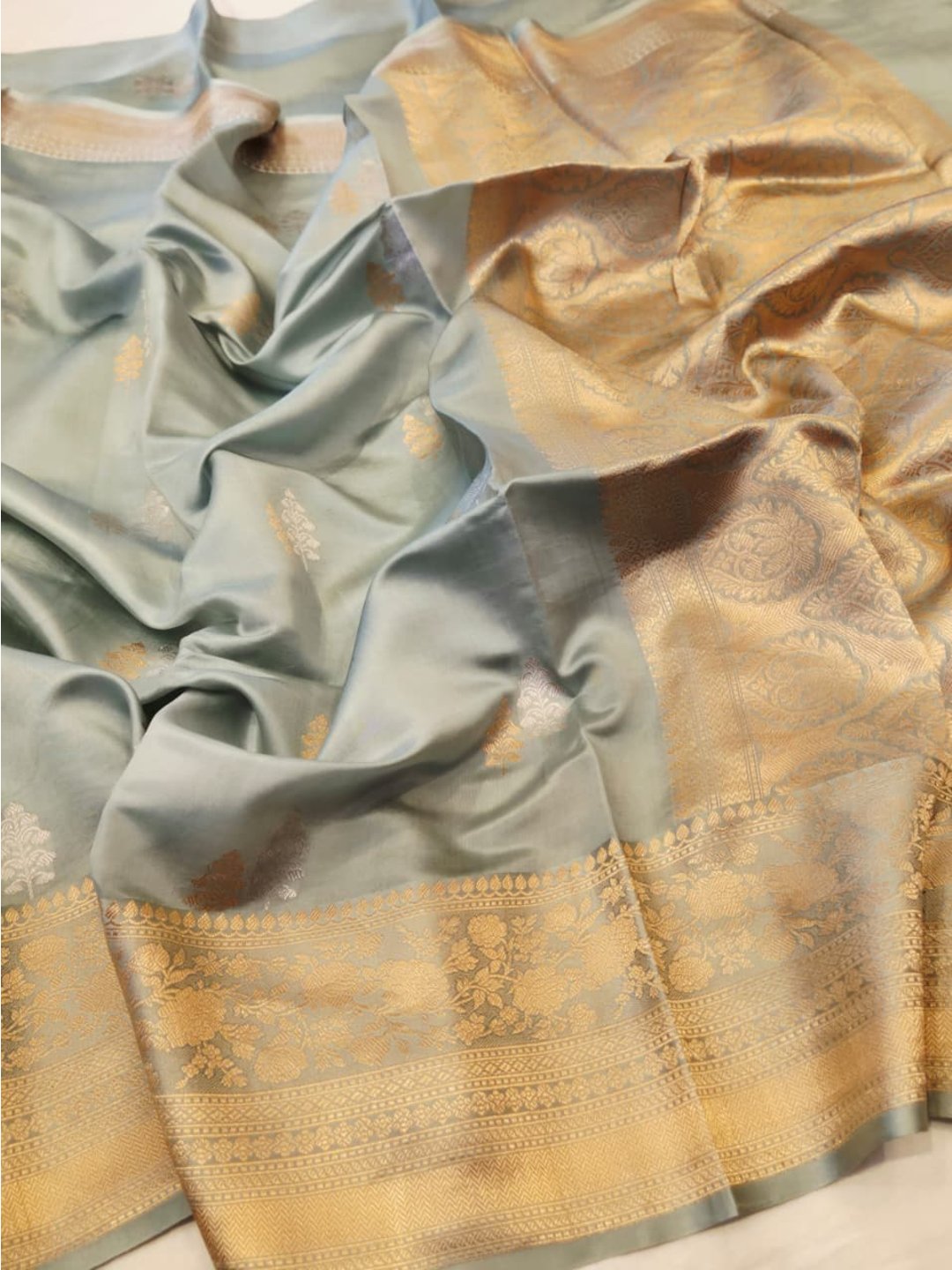 Grey Katan Silk Banarasi saree front drape view