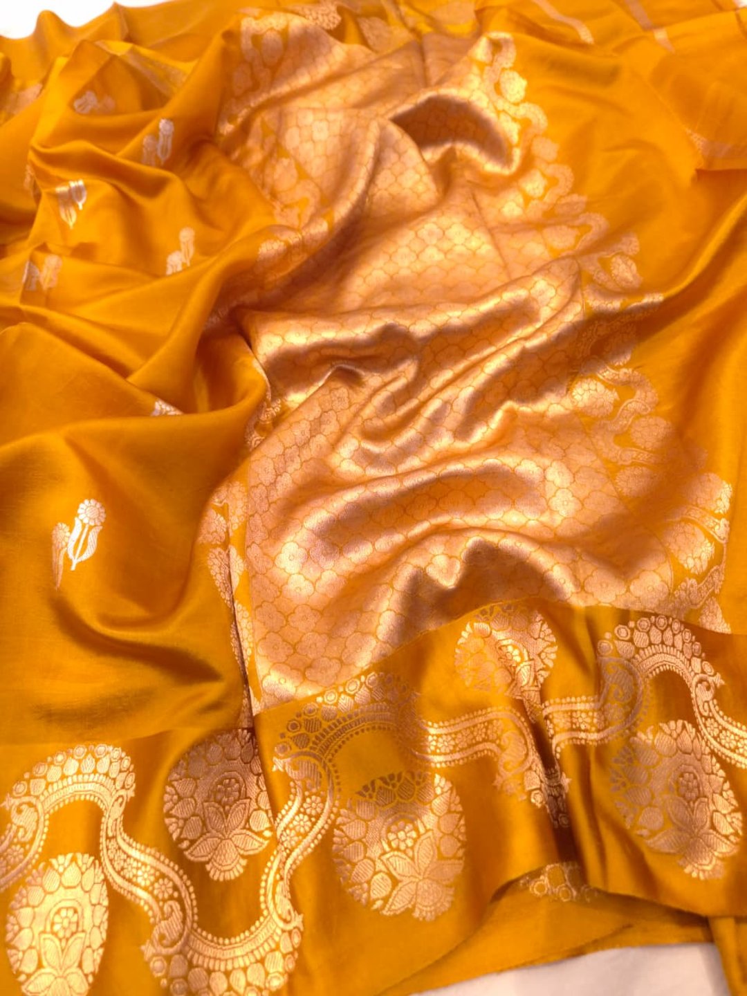 Musturd Yellow Katan Silk Banarasi saree front drape view