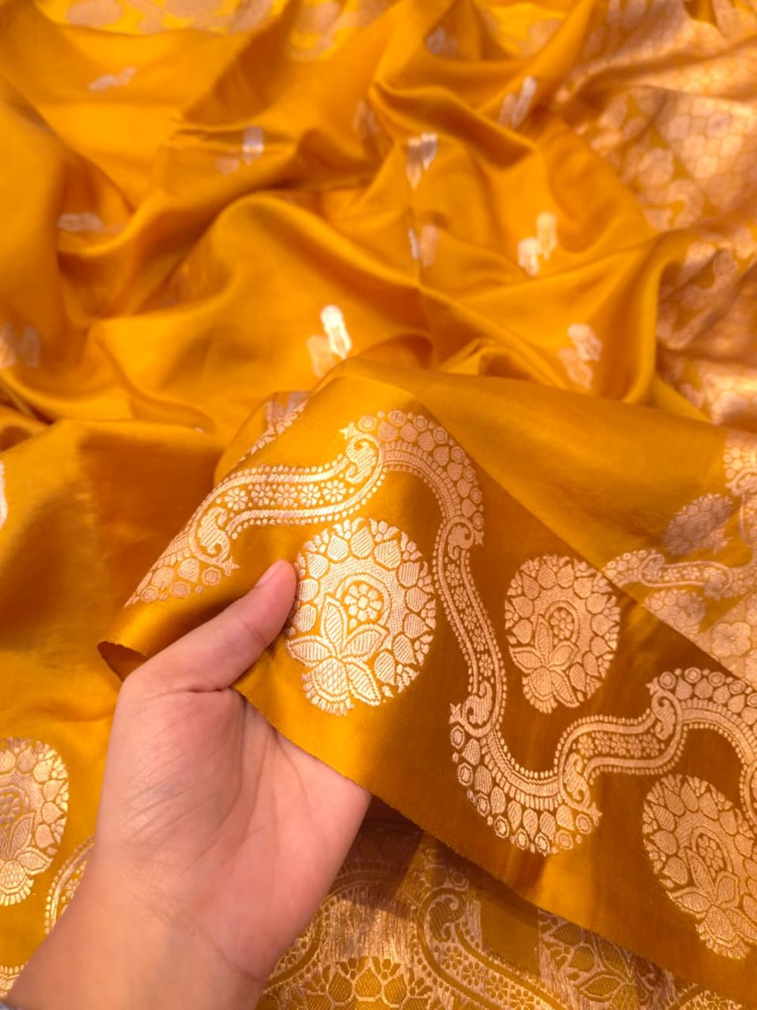 Musturd Yellow Katan Silk Banarasi saree front drape view