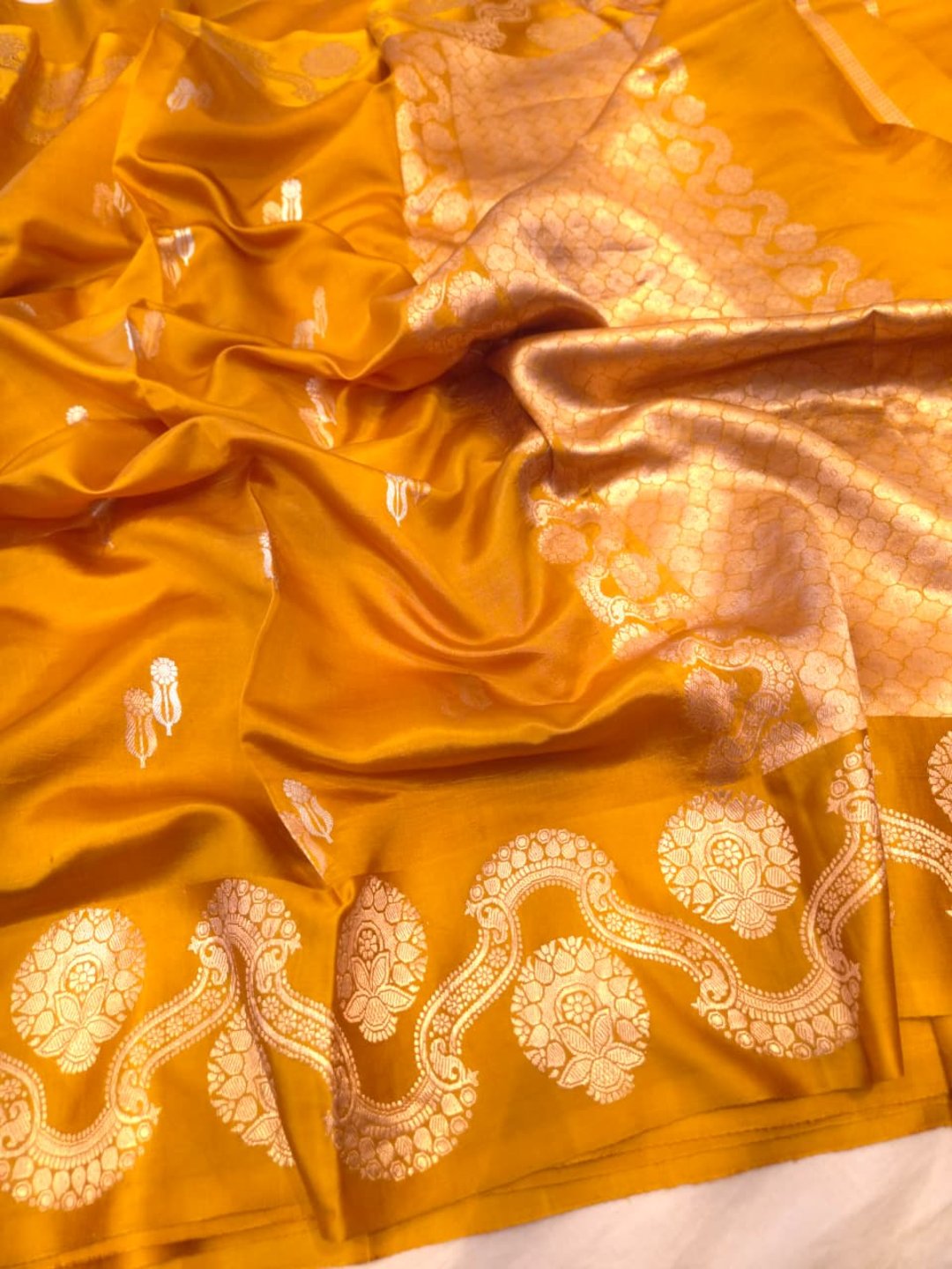Musturd Yellow Katan Silk Banarasi saree front drape view