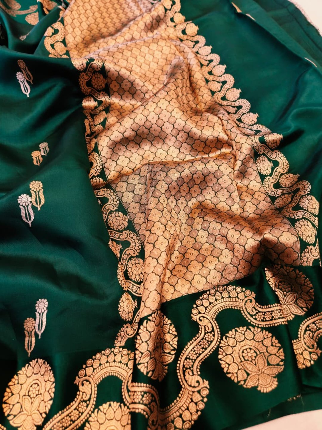 Bottle Green Katan Silk Banarasi saree border closeup