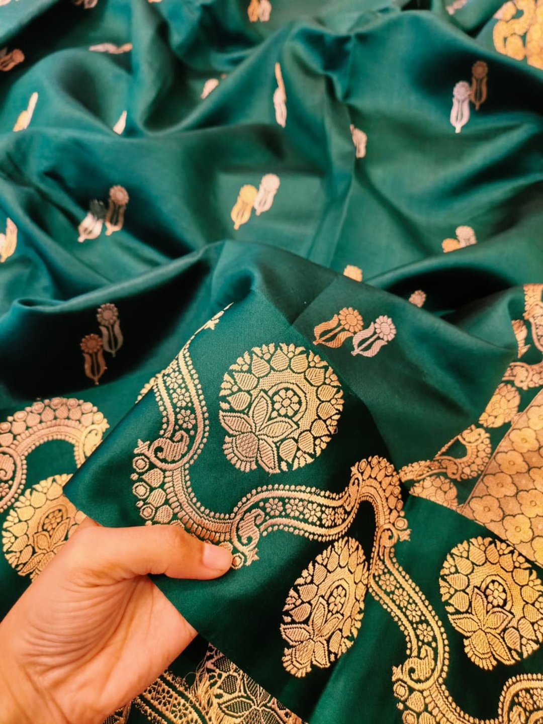 Bottle Green Katan Silk Banarasi saree blouse piece