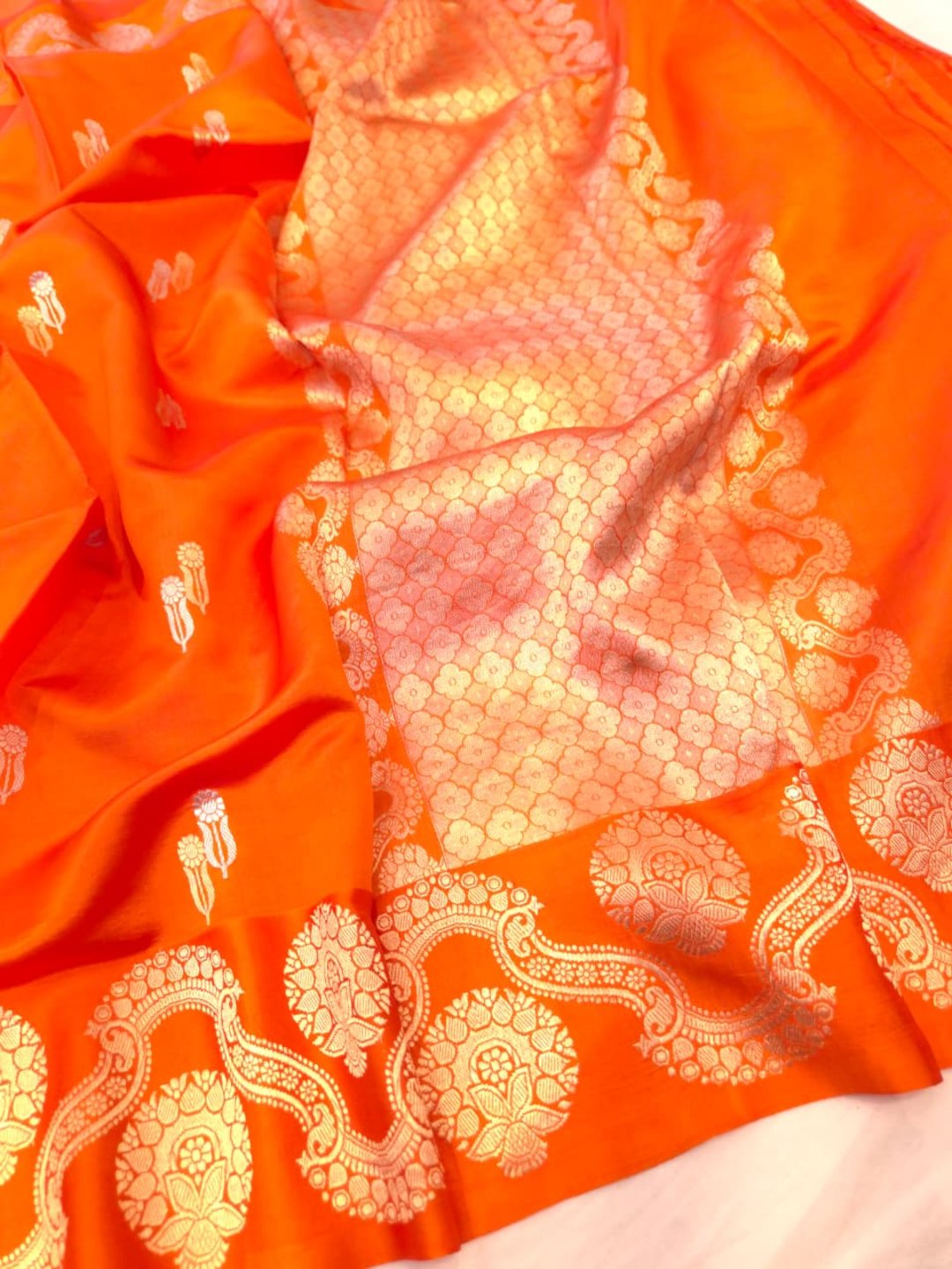 Orange Katan Silk Banarasi saree front drape view