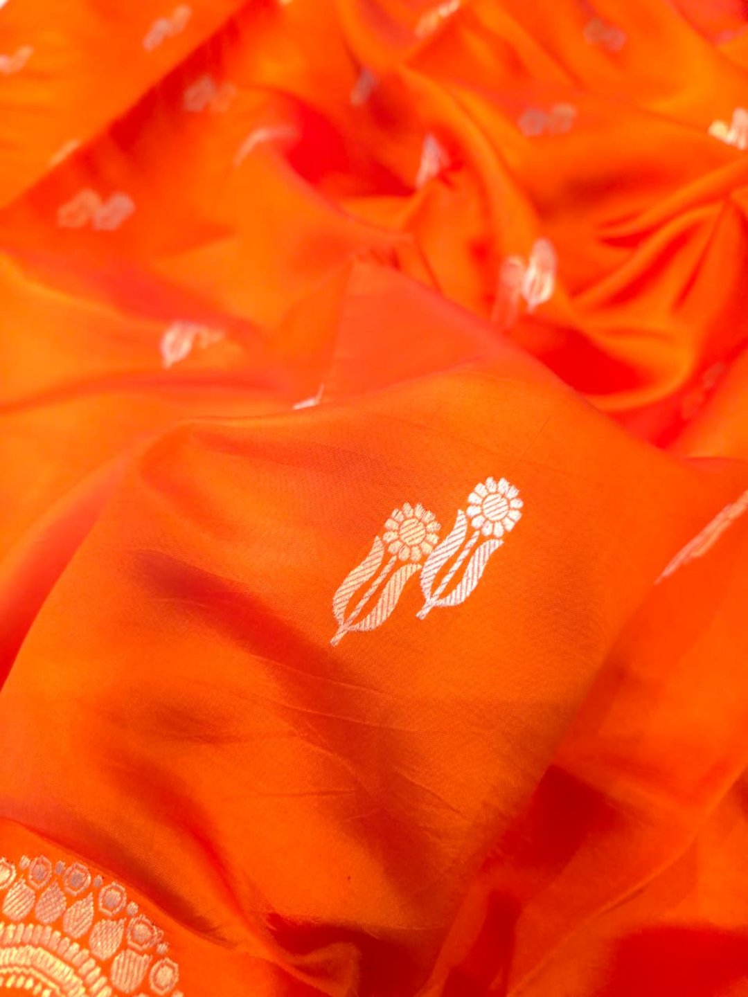 Orange Katan Silk Banarasi saree border closeup