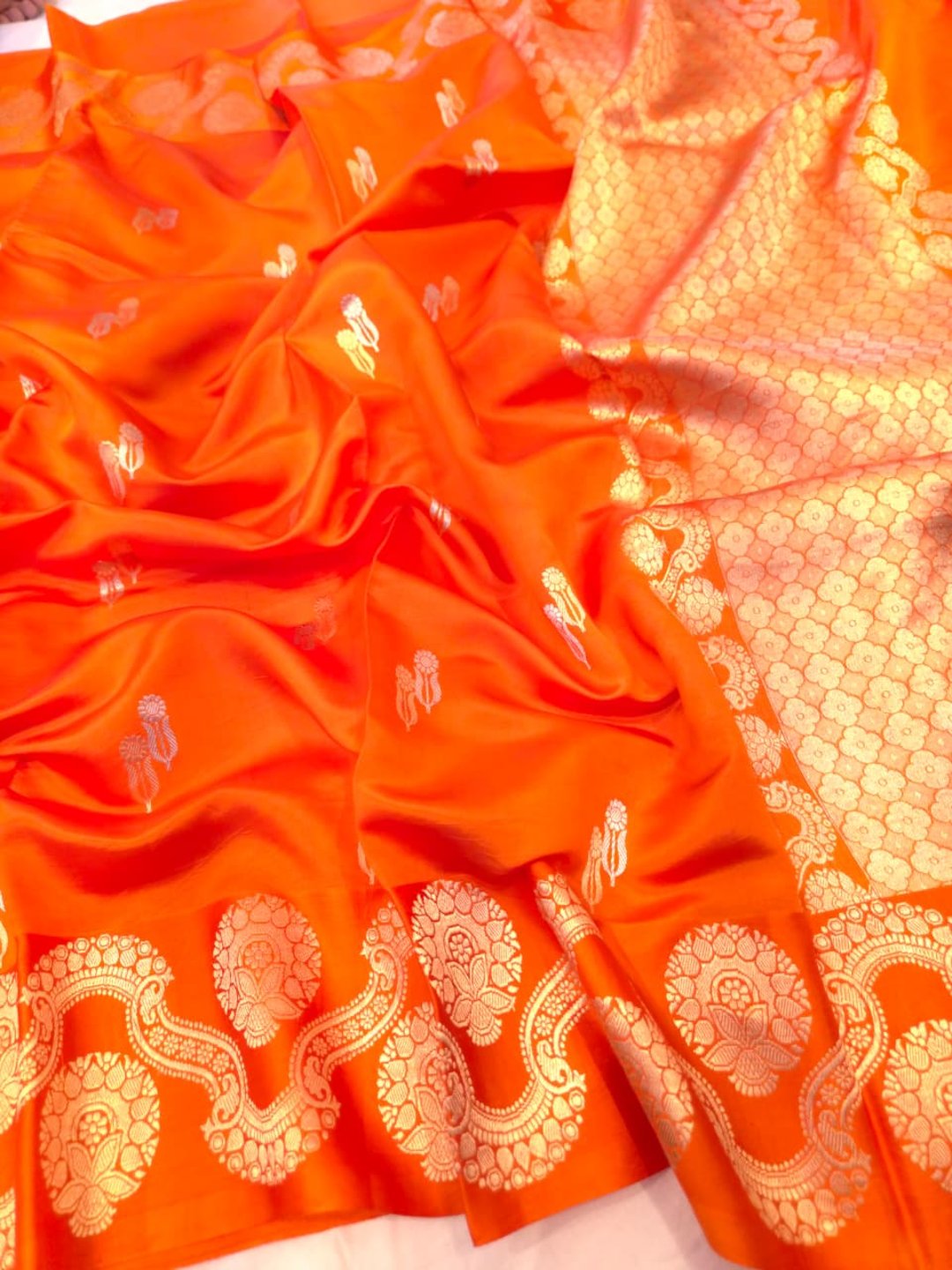 Orange Katan Silk Banarasi saree full spread